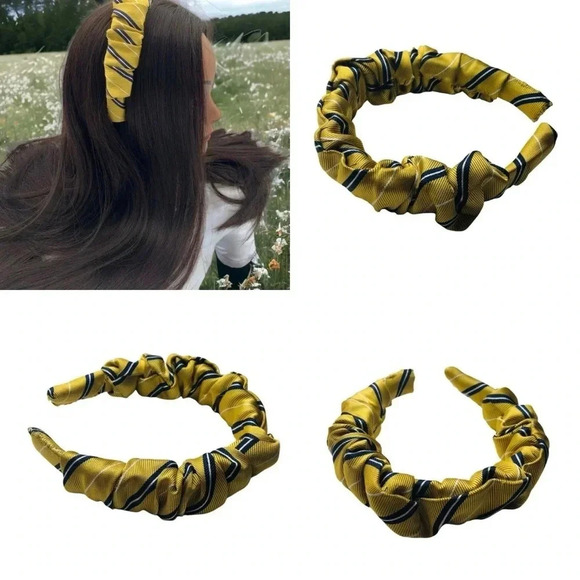 Yellow Striped Preppy Classic Crown Silk Handmade Headband Hair Accessory - Picture 1 of 10